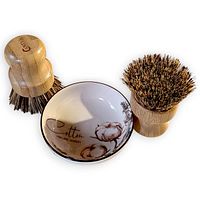 Two bamboo scrub brushes and ceramic soap dish as described