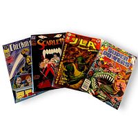 Front covers of four DC comic books: Checkmate!, Scarlett, JLA Annual, Super Powers