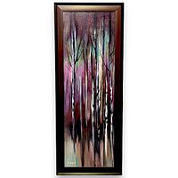 Full view of framed abstract painting showing stylized trees and colour palette