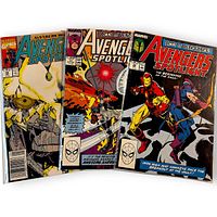 Front covers of the three Avengers Spotlight comic books showing titles, artwork and general condition