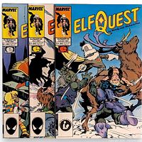 Front covers of ElfQuest issues #23, #24, #25 showing titles, issue numbers, Marvel logos, and price