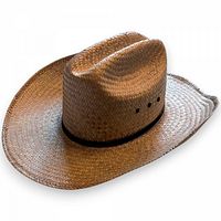 Full view of palm straw cowboy hat showing crown, brim, vent holes