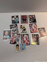 All 12 hockey stickers laid out