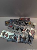 assorted NHL logo stickers spread out