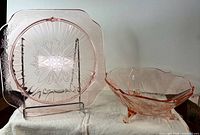 Square pink Depression glass Adam pattern cake plate on stand