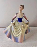 Front view of figurine showing bodice, facial details and skirt colours