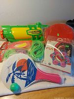 All items grouped: water gun, paddle set, disc, jump rope, swim ring
