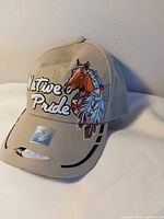 Front and side view of embroidered Native Pride tan baseball cap