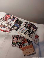 Overview of all hockey cards spread out on table