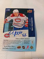 Front view showing Max Pacioretty image, signature, team logo, Upper Deck logos and card code A-WP