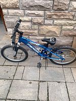 Side view of blue Merida 20" kids mountain bike on stone patio