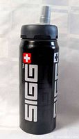 Full view of black SIGG aluminum water bottle with straw lid