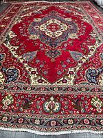 Full view showing complete rug with red field, medallion, borders, and fringe