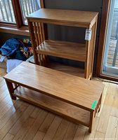 Shelf and coffee table together showing size and matching design