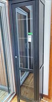 Full view of tall narrow black display cabinet with glass door and interior shelves