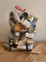Front view of clear bag filled with unlabeled metal cans