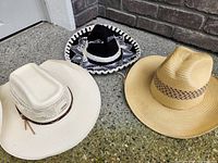 Three hats laid out: cream straw cowboy, natural straw wide brim, black velvet sombrero