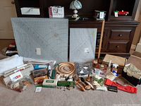 Overall lot with cutting mats, fabrics, notions