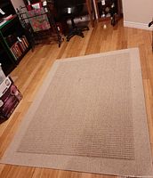 Full view of rectangular beige woven rug on hardwood floor