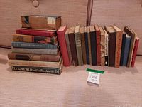 Full lot showing stacked and standing vintage textbooks
