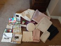 Overall view of all linens and party supplies laid out