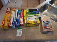 Overall view of all wraps and bag boxes on countertop