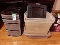 Cart with four drawers and nested plastic totes with lids