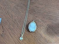 Full view of chain and oval cameo locket pendant