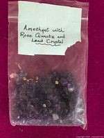 Sealed plastic bag labelled "Amethyst with Rose Quartz and Lead Crystal" containing mixed gemstone chip beads
