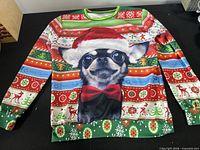 Front view showing Chihuahua graphic and Christmas pattern
