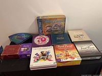 Overall view of all game boxes on table