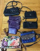 All seven purses laid out to show variety and condition