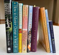 Nine books standing upright showing spines and titles