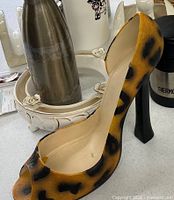 close-up of leopard print shoe wine holder, stainless bottle, ceramic ashtray and surrounding items