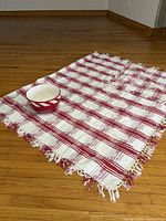 Tablecloth laid flat with bowl placed on top to show scale and overall condition