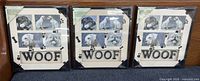 Front view showing three identical dog collage frames with WOOF lettering