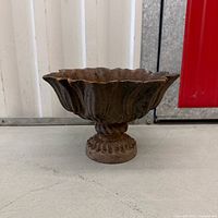 side view of cast iron urn planter showing fluted tulip design and pedestal base