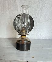 Front view showing complete lamp, chimney, reservoir and reflector