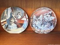 Front view of both cat-themed collector plates displaying artwork and condition