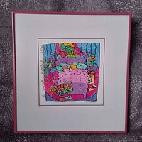 Full view of framed monoprint showing frame, mat and artwork