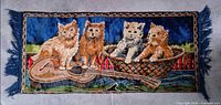 Full view of velvet tapestry showing four kittens with guitar and basket
