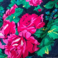 Close-up of floral pattern showing pink roses and green leaves