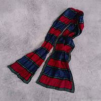 Full view of long striped scarf laid out showing colors and overall condition
