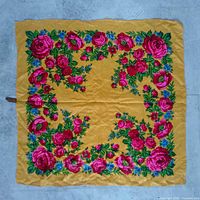 Full flat view of square yellow floral wool scarf