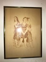 Full view of framed print with three barefoot female figures in dresses, signature visible on bottom right.
