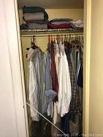 Closet rod holding multiple men's button-up shirts in various colors and patterns including solids, stripes, and plaid.