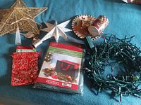 All items grouped: lights, two star toppers, Santa plate & mug, storage bag package, gift bags
