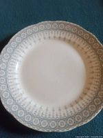 front view of dinner plate showing full border pattern and scalloped rim