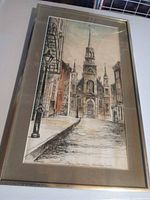 Full view of framed sketch showing image, mat and frame