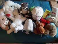 Group shot of all eleven plush toys on blue surface